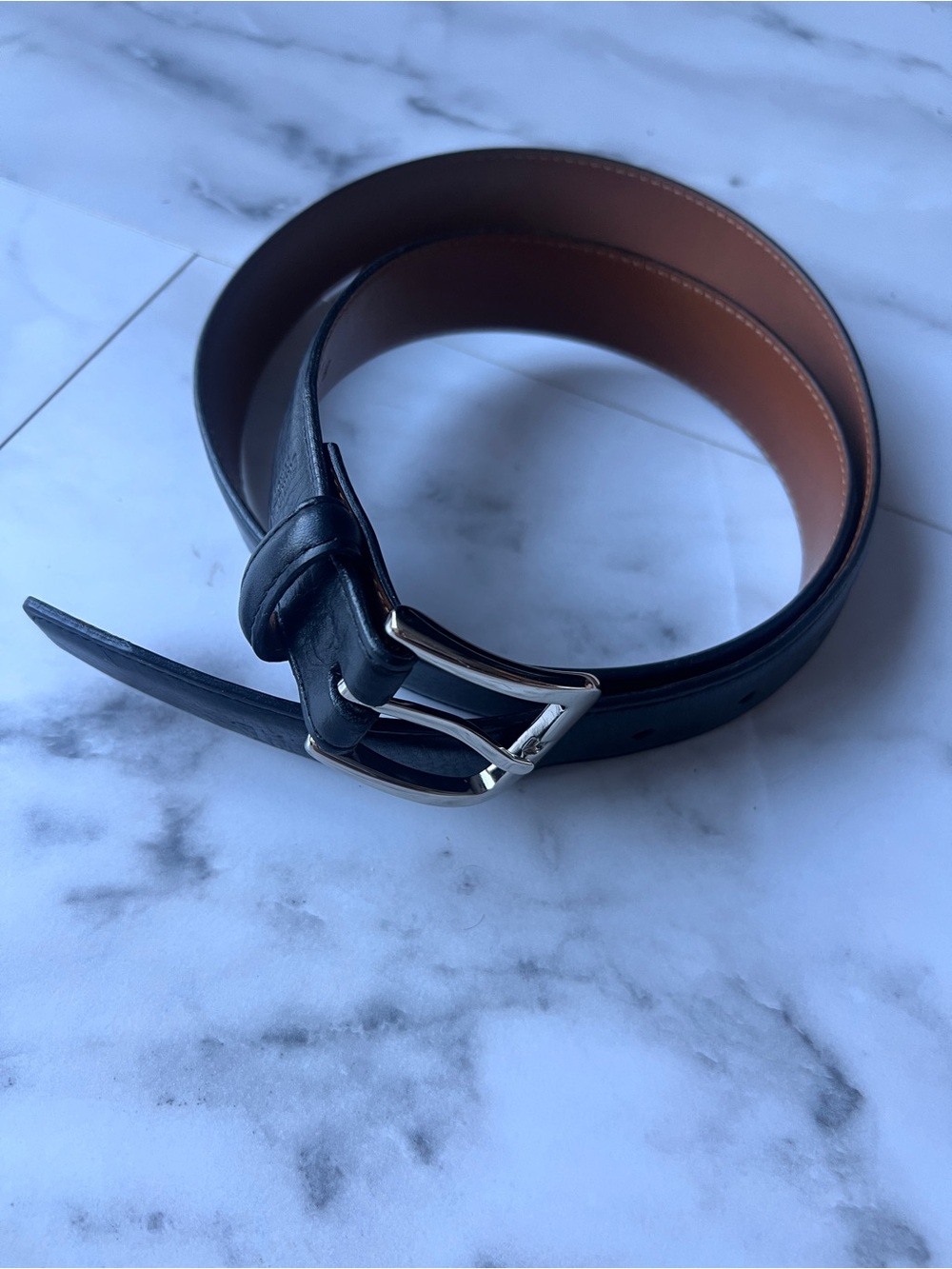 Shinola Black Leather Belt with Brown Interior and Silver Buckle 36